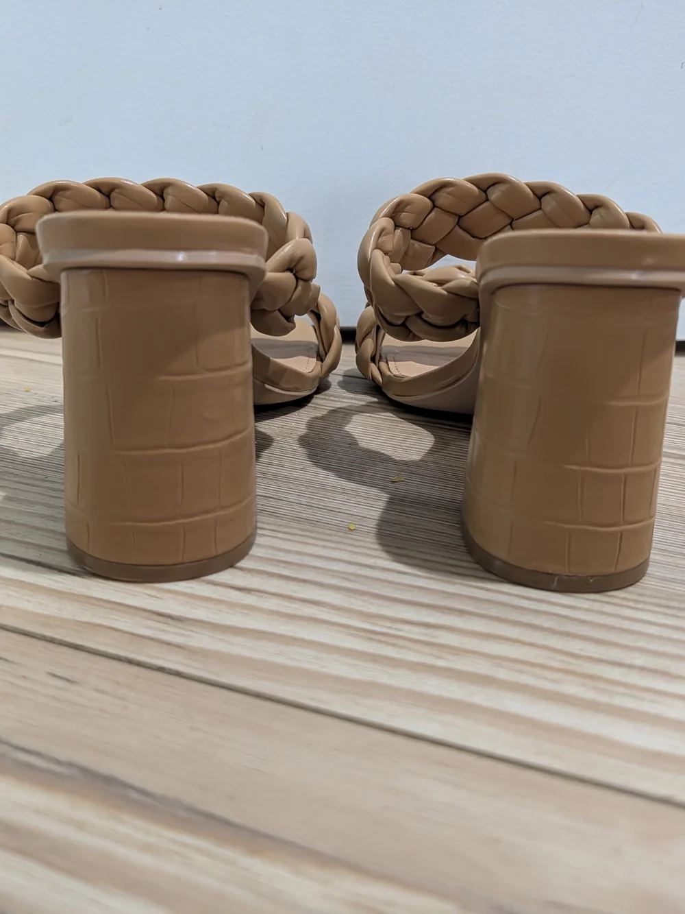 Braided Double-Strap Block Heel Mules in Tan